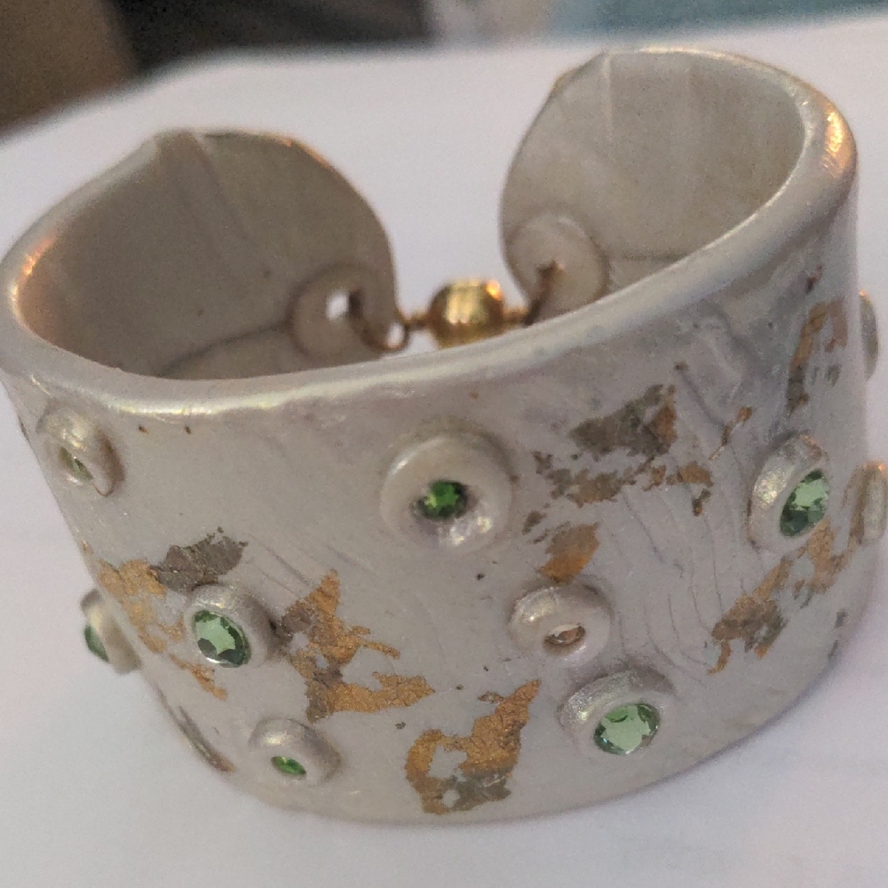 New White & Gold Swarovski Crystals Cuff Bracelet, Green Yellow, 2" Wide, Bold,
